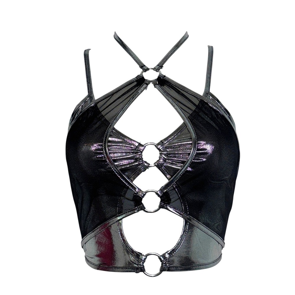 Small Metallic Silver Black Mesh O-Ring Crop Top Halter Festival Rave Bralette
